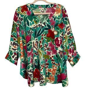 Jodifl Floral Kimono Sleeve‎ Blouse Boho Teal Pink Oversized Medium